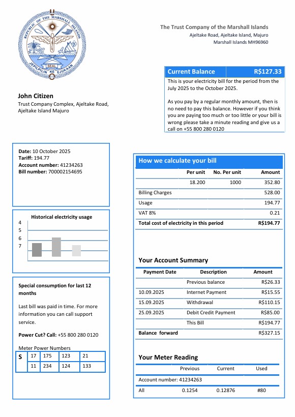 Marshall Islands electricity utility bill